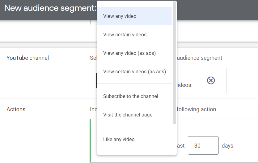 Choose from a variety of user engagement options for YouTube remarketing lists.