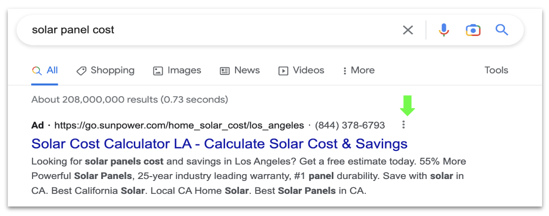 Google SERPs for solar panel cost