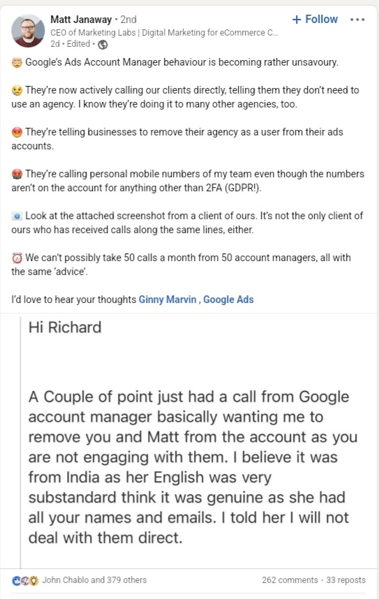 Los administradores de cuentas de Google Ads no deben comunicarse directamente con los clientes