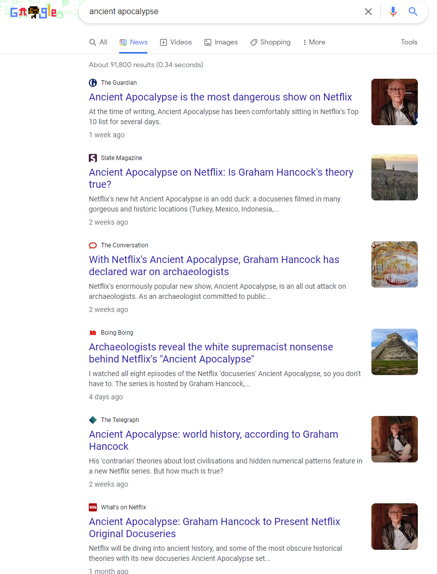 Screenshot of Google news results for [ancient apocalypse]