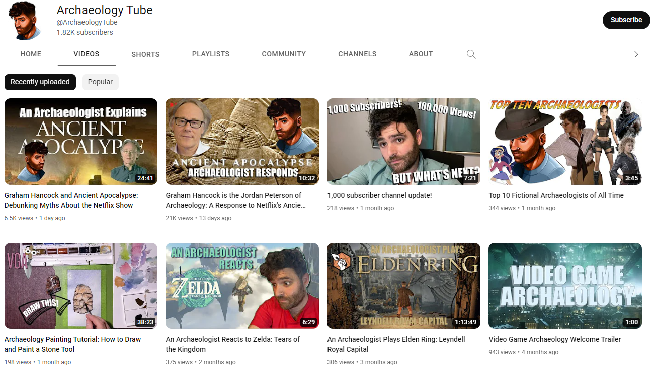 A screenshot of the "Archaeology Tube" YouTube channel