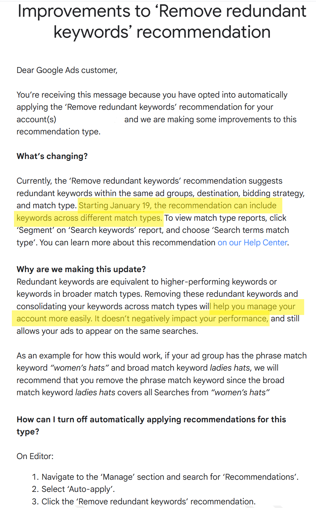 Google's change to the redundant keyword policy will go into effect on January 19, 2023.