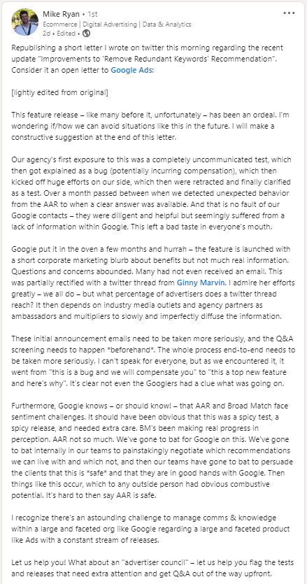 माइक रायन लिंक्डइन पर Google Ads निरर्थक कीवर्ड नीति का जवाब देते हैं।