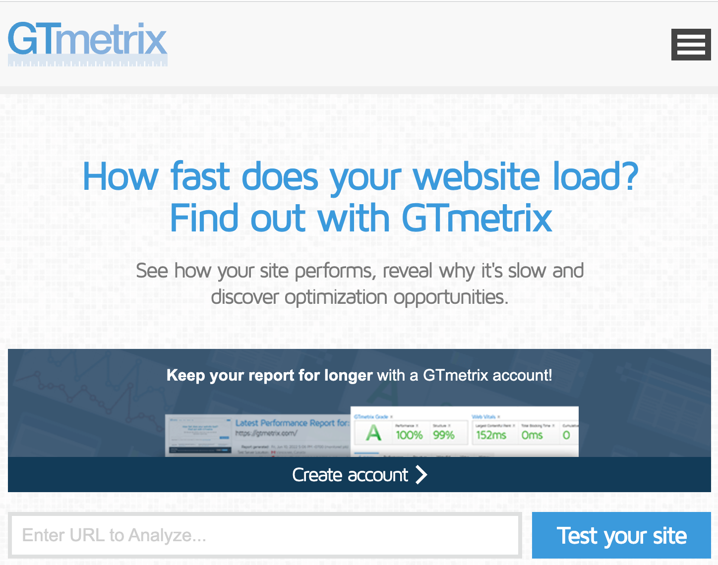 Interface da página inicial do GTmetrix