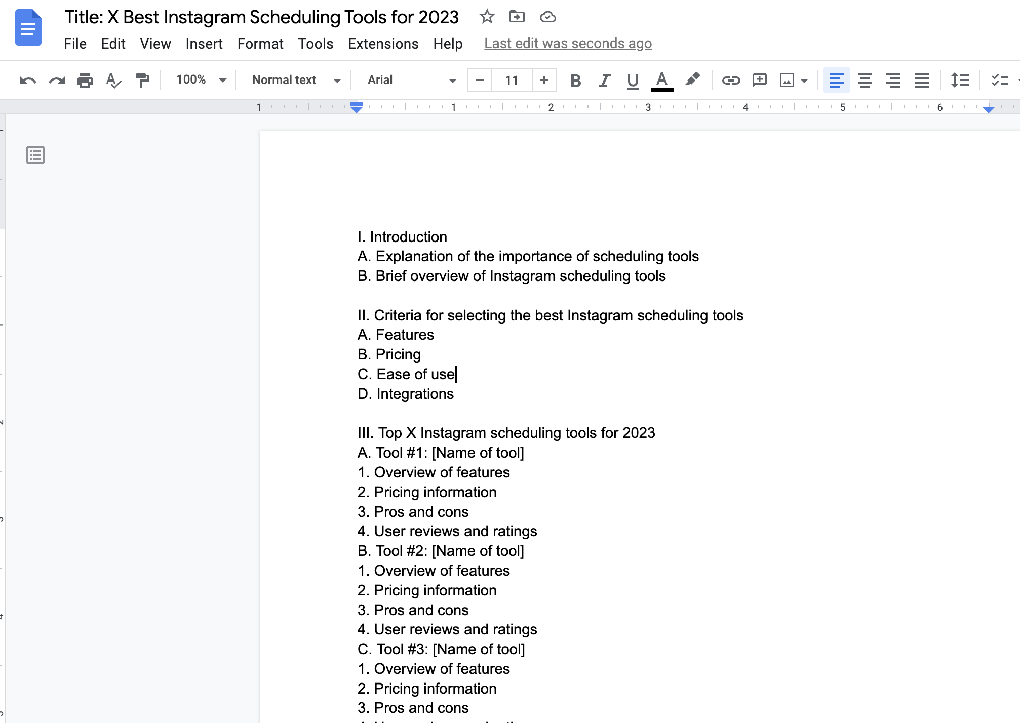 Google Docs outline for "X Instagram Scheduling Tools"