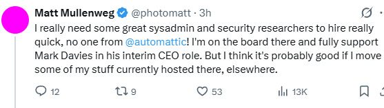 Screenshot of Mullenweg's tweet asking for a sysadmin to help him extract "stuff" hosted at Automattic.