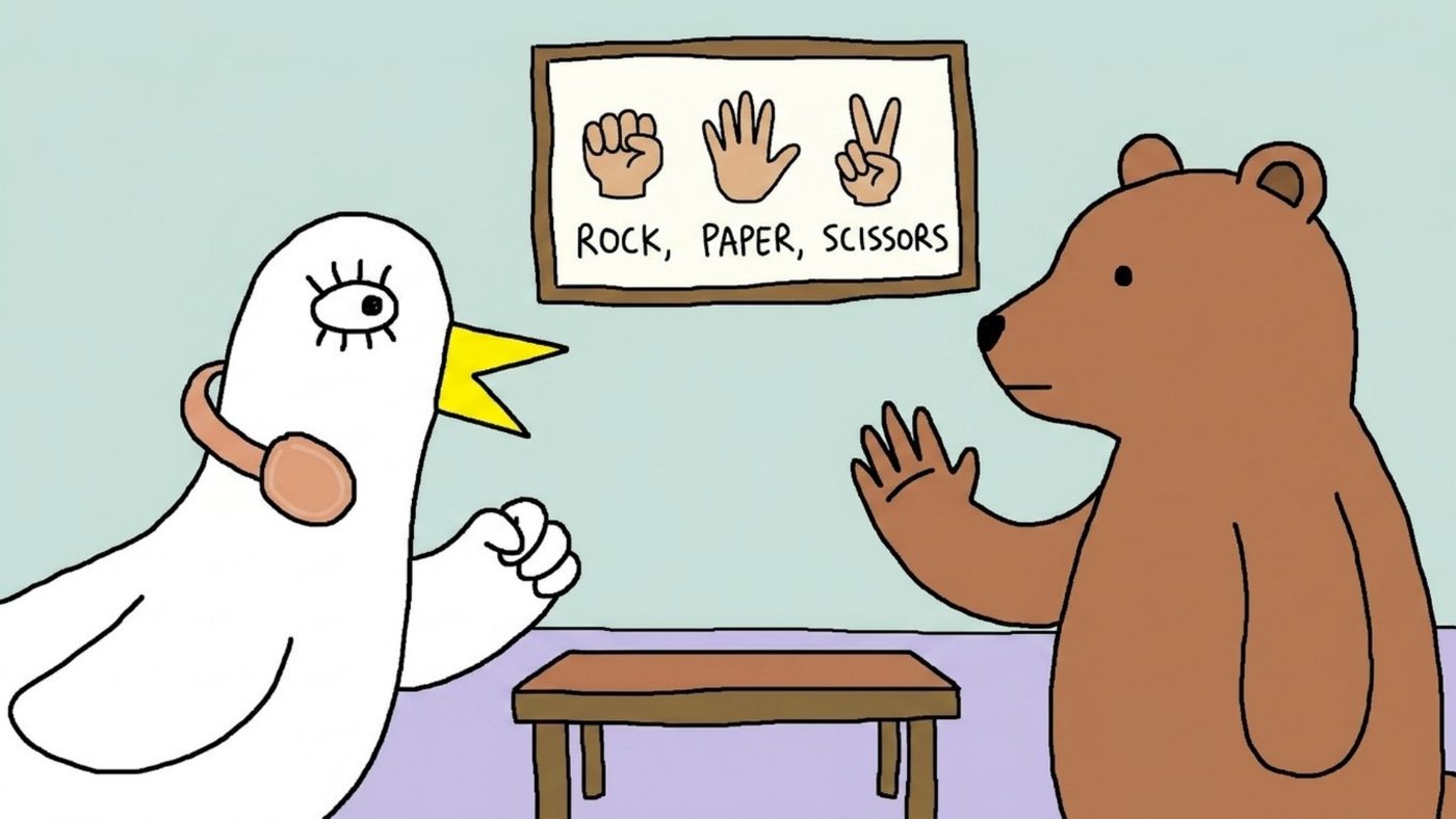 Illustration of a white bird and a brown bear playing rock, paper, scissors in front of a poster explaining the game rules. Illustration of a white bird and a brown bear playing rock, paper, scissors in front of a poster explaining the game rules.