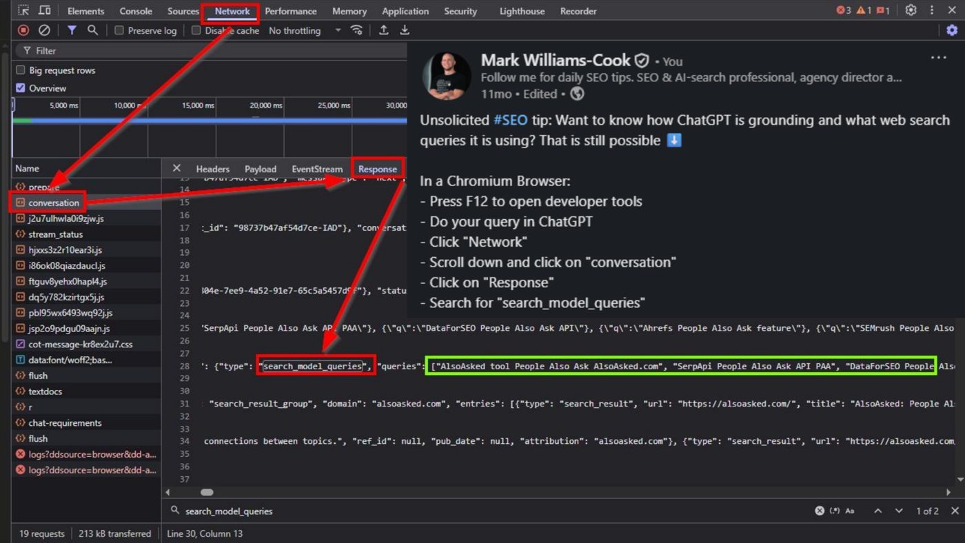 A social media post by Mark Williams-Cook explaining how to view ChatGPT's web search queries via browser Developer Tools, accompanied by a screenshot pointing to the Network tab and `search_model_queries` response data.