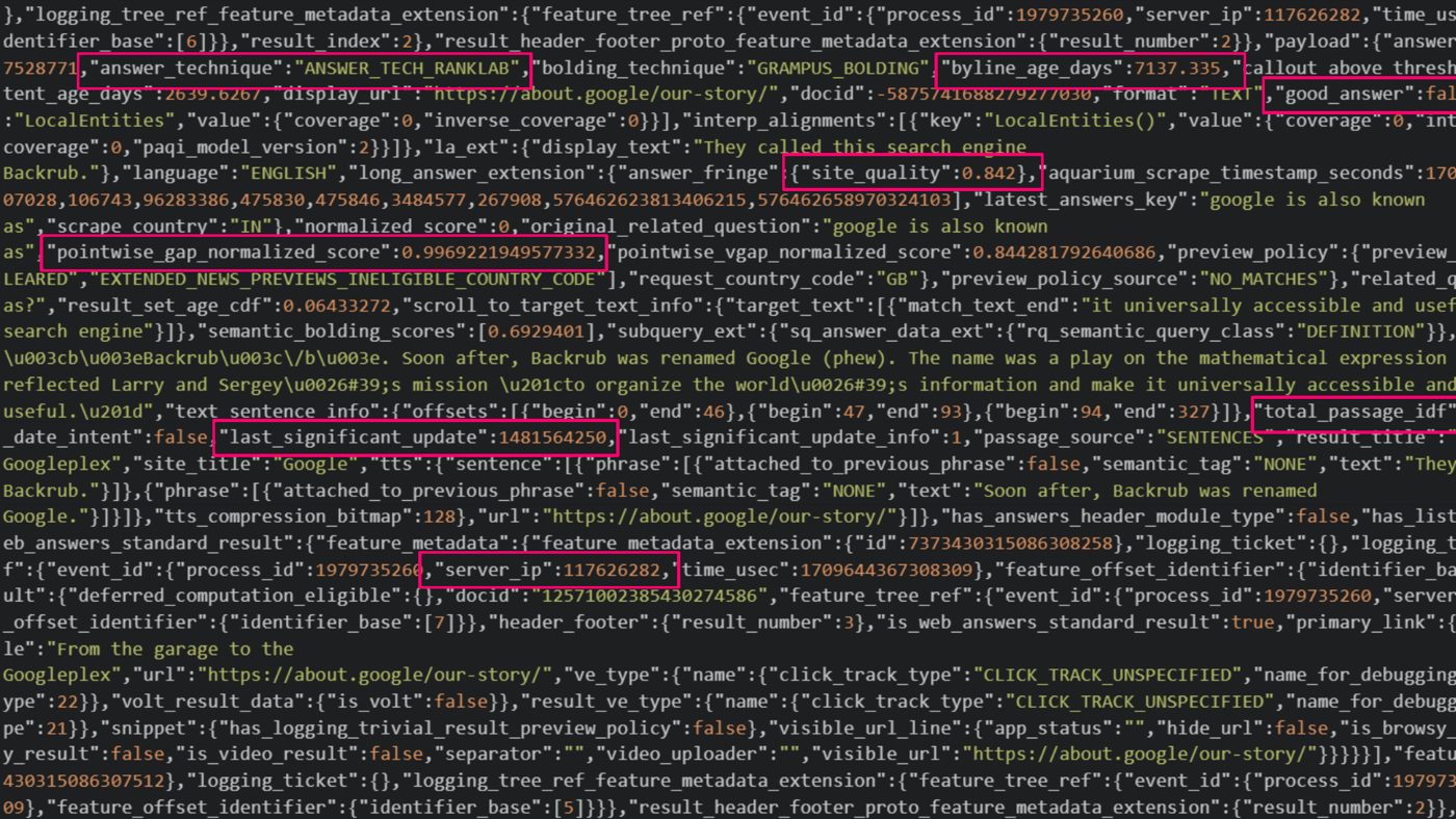 JSON data response highlighting metadata attributes like `answer_technique`, `byline_age_days`, `site_quality`, and `pointwise_gap_normalized_score` in pink boxes.