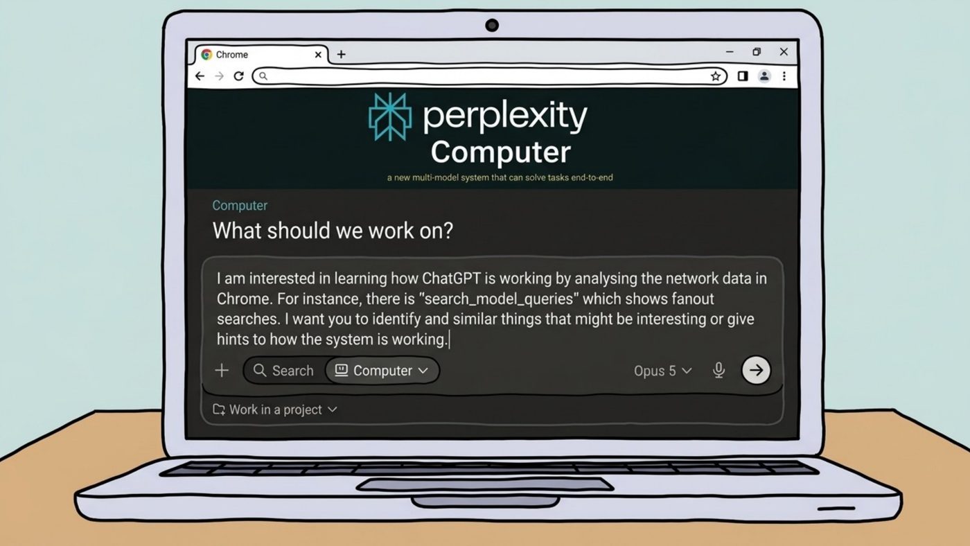Illustration of an open laptop displaying the Perplexity Computer interface in a Chrome browser window, with a user prompt asking how to analyze ChatGPT's network data to understand its inner workings.