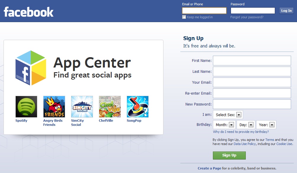 Facebook Sign In and Homepage